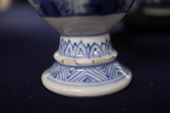 A Chinese blue and white tea bowl and saucer and two jars, Kangxi, some damage, largest diameter 11cm
